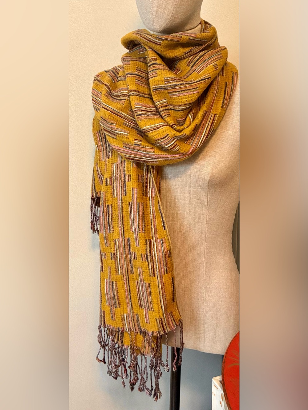 Mustard Yellow Patterned Fringe Scarf - Women Accessories